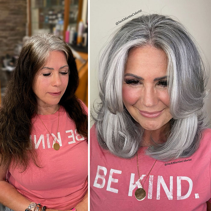 Before and after photos showing a gray hair transformation by celebrity hair colorist Jack Martin with styled shoulder-length hair.