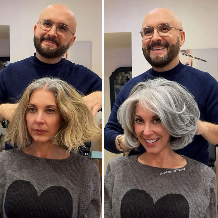 Celebrity hair colorist Jack Martin styling a woman's dramatic gray hair transformation before and after.