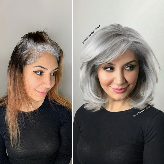 Before and after hair transformation showing going gray stylishly by celebrity hair colorist Jack Martin.