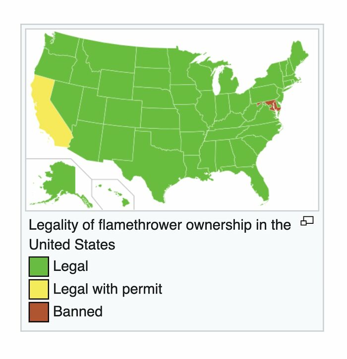 Map showing legality of flamethrower ownership across US states, a funny Wikipedia gem found and shared online.