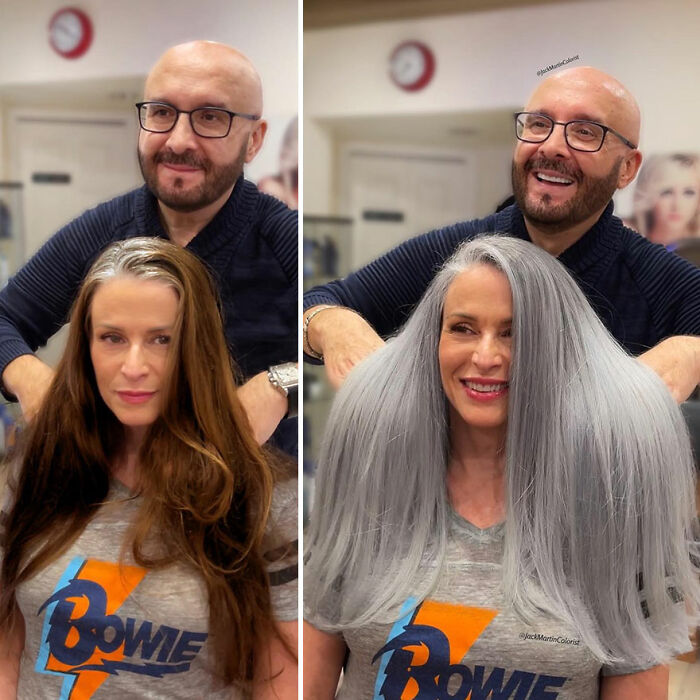 Celebrity hair colorist Jack Martin showcasing a stunning gray hair transformation on a smiling woman.