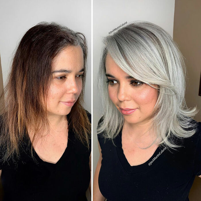 Side-by-side before and after hair transformation showing going gray hair color styled by celebrity colorist Jack Martin.