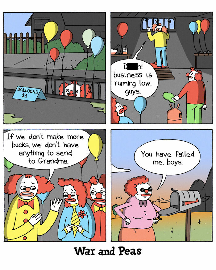 War and Peas comic panels showing clowns struggling with balloon sales in a dark, absurd, and funny scenario.