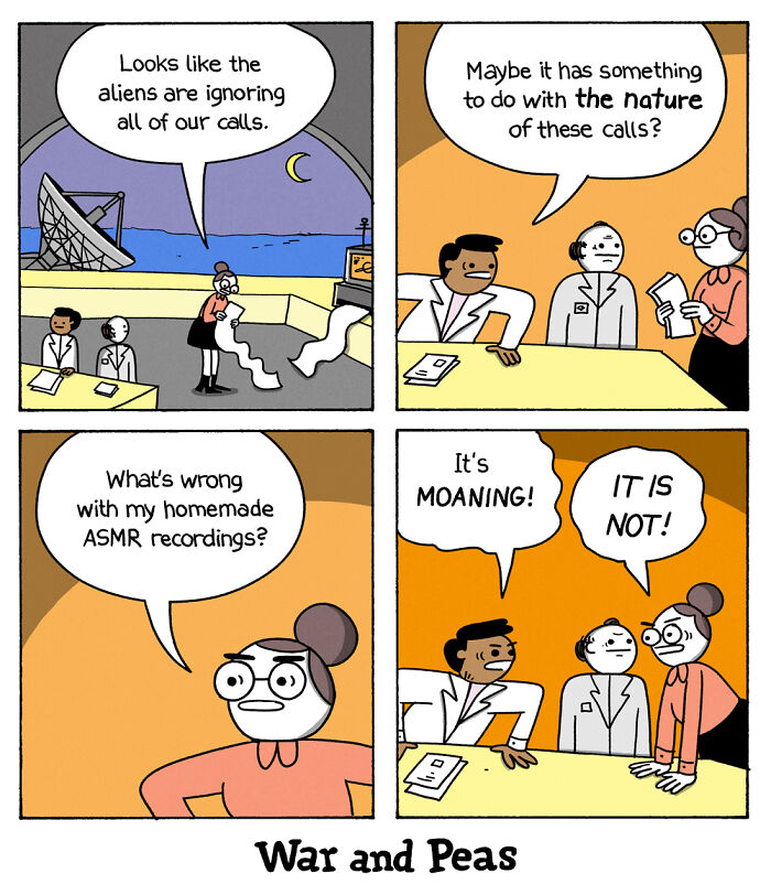 War and Peas comic strip showing humorous debate about homemade ASMR recordings and alien communication attempts.