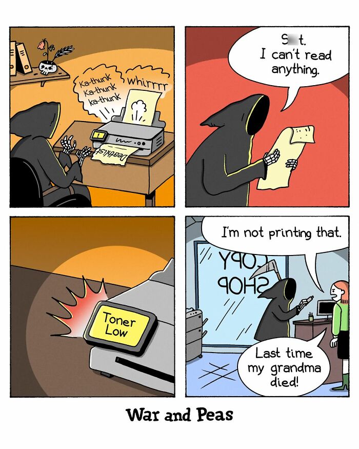 War and Peas comic strip showing dark humor with a grim reaper struggling to print a faded document.