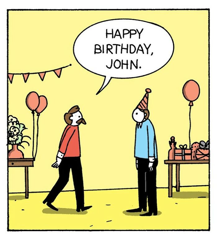 War and Peas comic panel showing two characters at a minimalistic birthday party with balloons and presents.