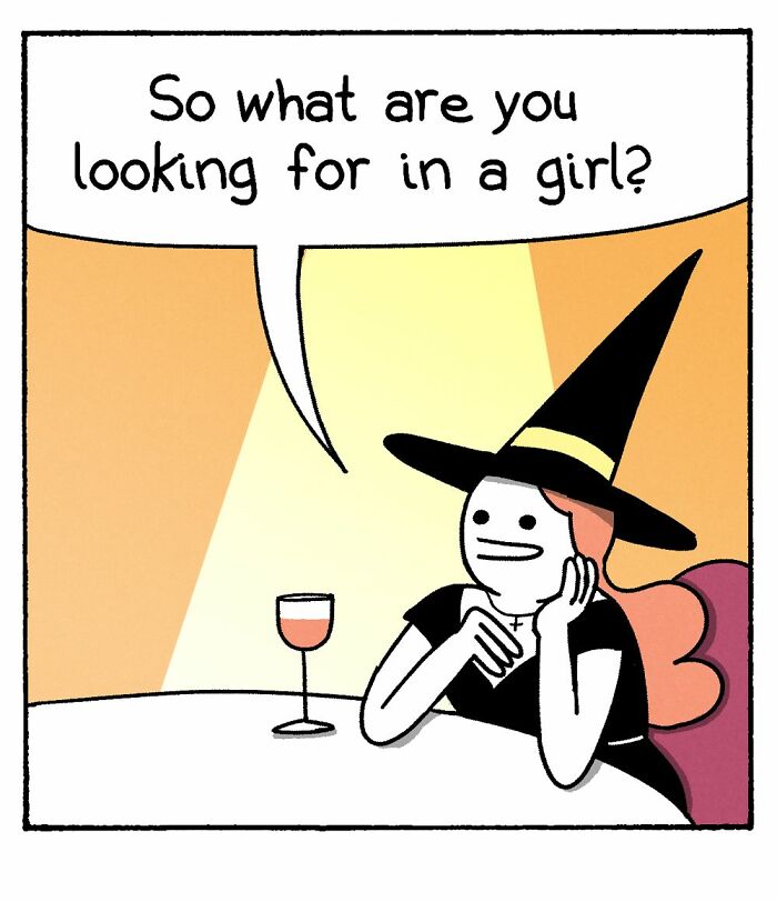 Comic panel from War And Peas featuring a character in a witch hat asking about what someone looks for in a girl.