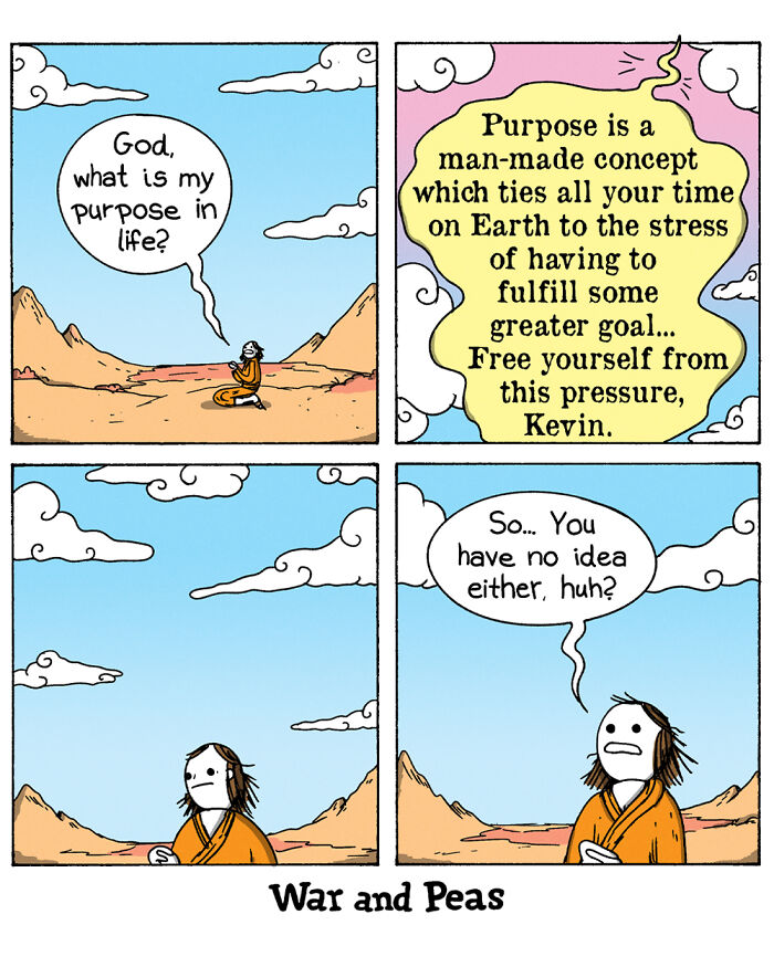 War and Peas comic strip showing dark humor about life's purpose and existential stress in a desert setting.
