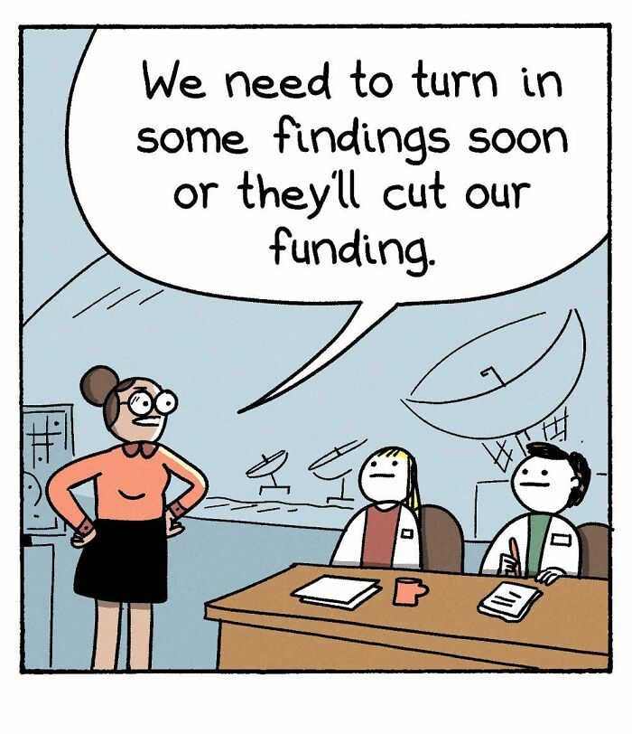 War and Peas comic panel with characters discussing the need to submit findings to avoid losing funding in a lab setting.