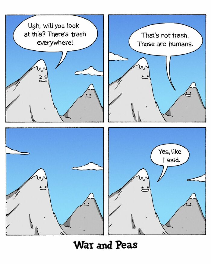War and Peas comic showing mountains talking about humans as trash in a dark, absurd, and funny style.