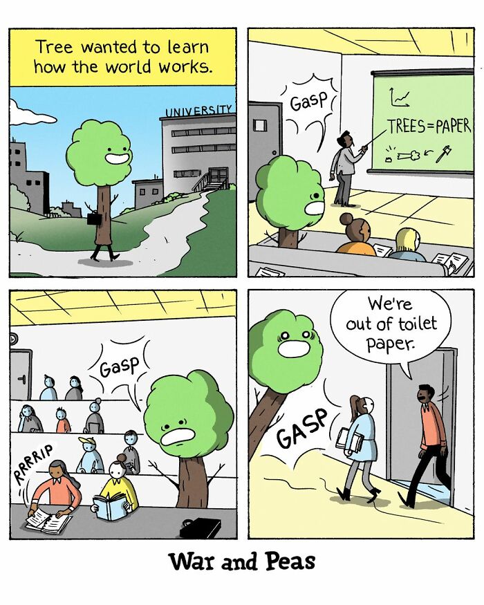 War and Peas comic strip showing a tree learning about trees turning into paper, with dark and absurd humor.