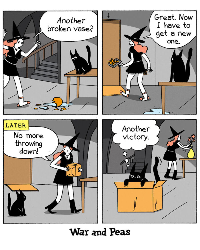War and Peas comic strip showing a witch, a cat, and a broken vase with dark and absurd humor.