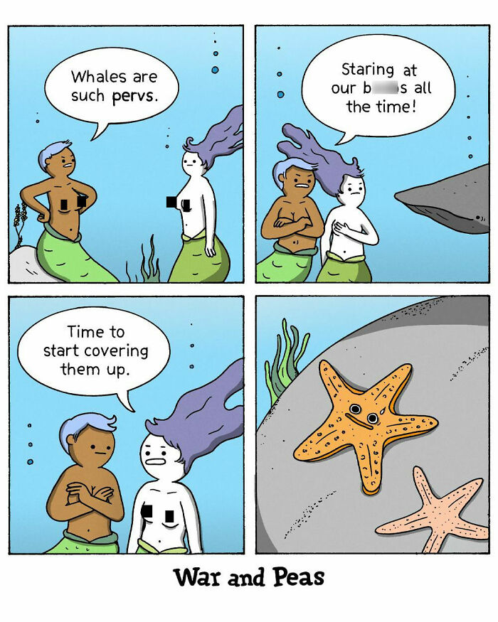 War and Peas comic featuring mermaids discussing whales staring, with dark and absurd humor underwater scene.