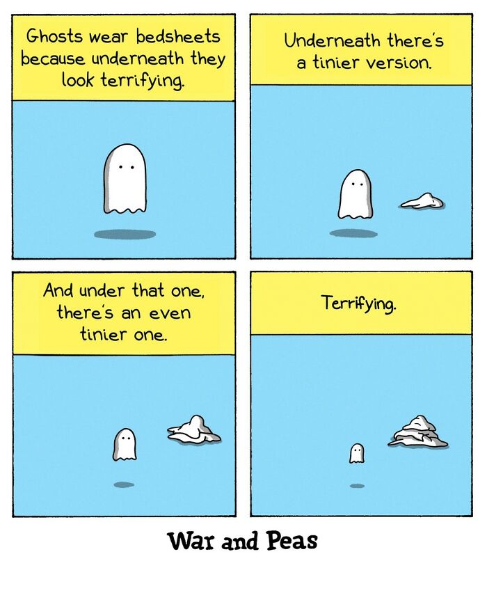 Dark and absurd War and Peas comic showing ghosts wearing sheets with tinier versions underneath, humorously labeled terrifying.