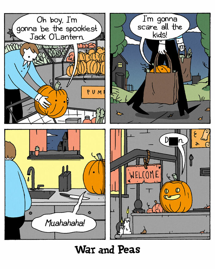 War and Peas comic showing a Halloween pumpkin with dark, absurd, and funny themes in four panels.
