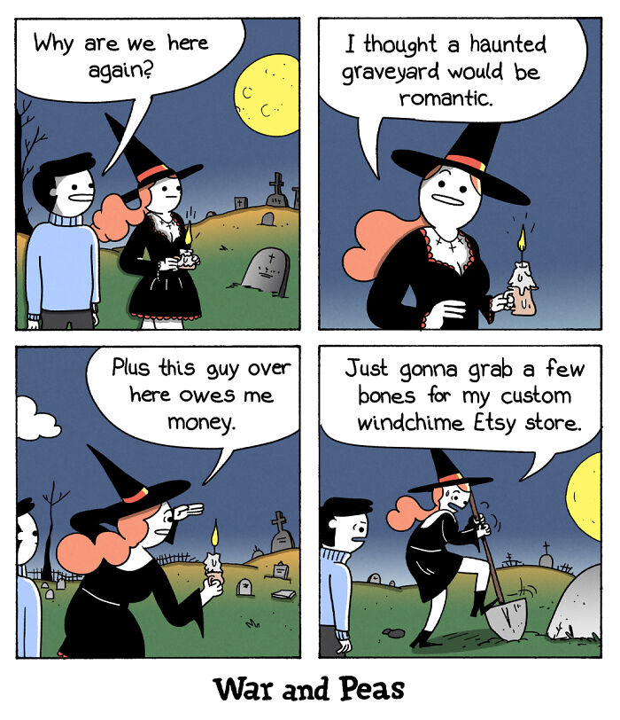 Dark and absurd War and Peas comic showing a witch at a haunted graveyard digging up bones for an Etsy store.
