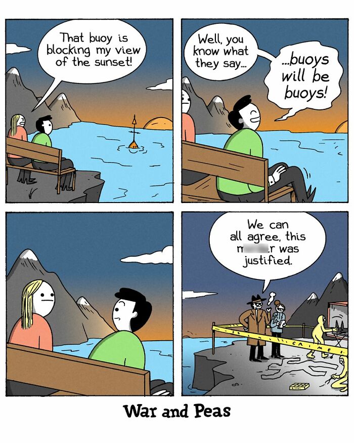 War and Peas comic strip showing dark, absurd humor with characters overlooking a sunset and a crime scene by the sea.