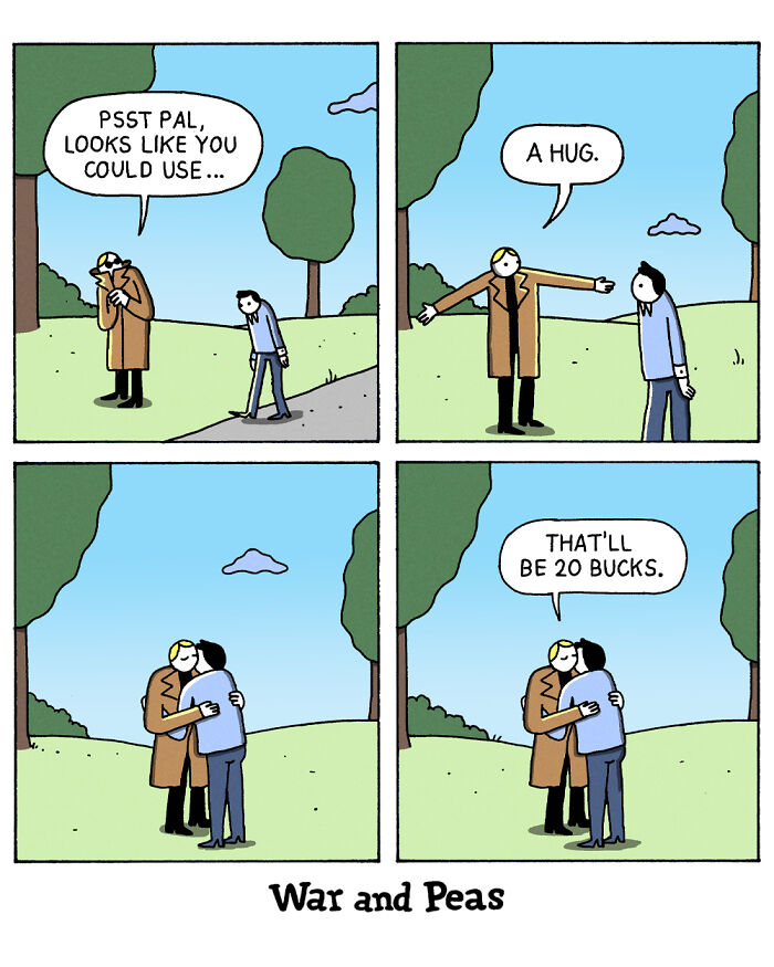 War and Peas comic strip showing dark humor as a hug is offered for a price in an absurd, funny scene outdoors.