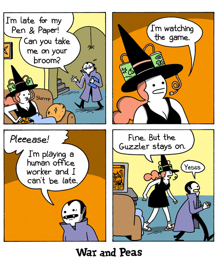 War and Peas comic with dark humor showing a witch and vampire discussing a broom and watching a game indoors.