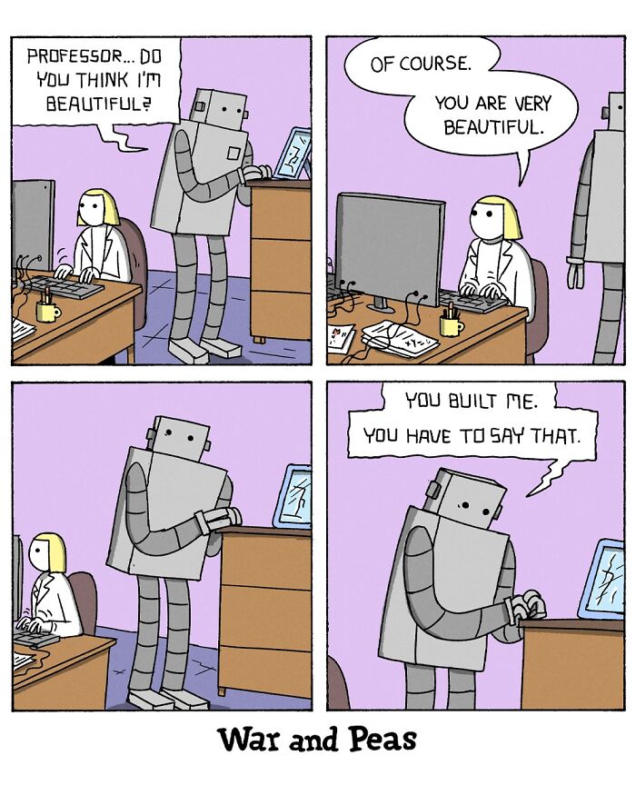 War and Peas comic strip featuring a robot and professor in a dark, absurd, and funny conversation about beauty.