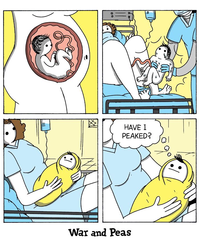 War and Peas comic strip showing dark humor in a newborn baby questioning if they have peaked at birth.
