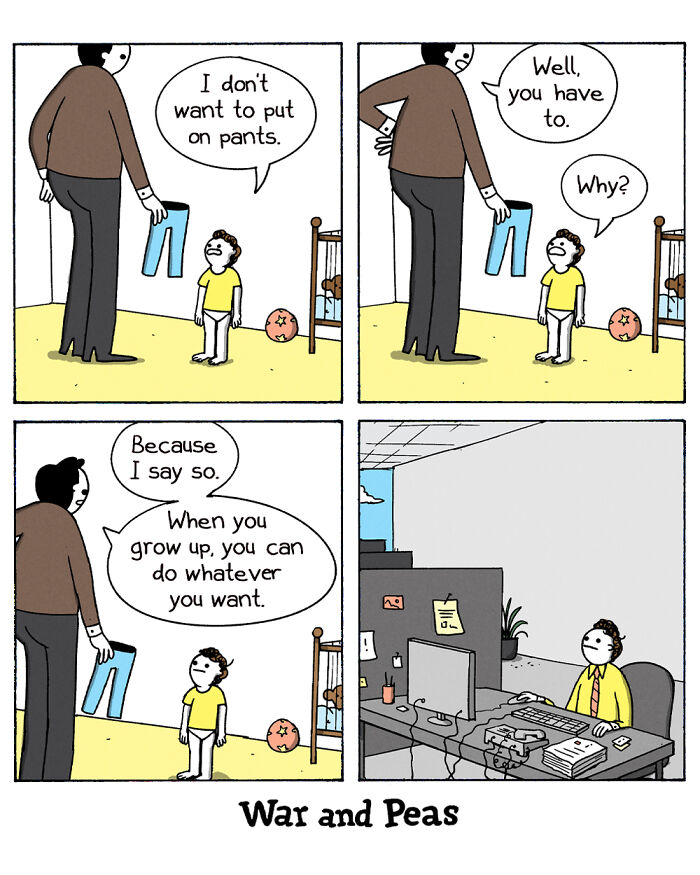 War and Peas comic strip showing dark humor about childhood and adult responsibilities through dialogue and illustrations.
