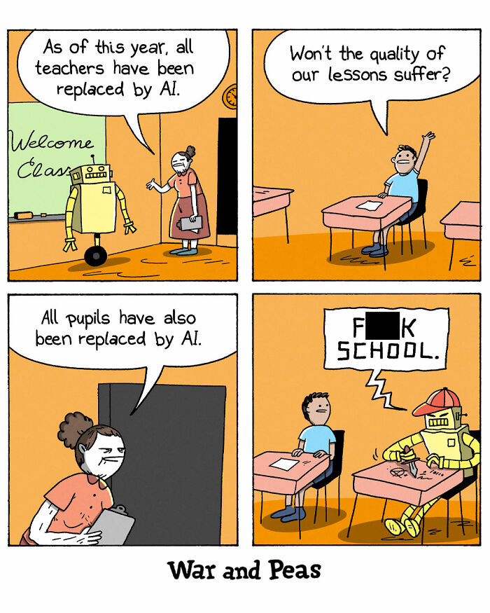 War and Peas comic showing a darkly funny classroom where AI replaces teachers and pupils in absurd style.