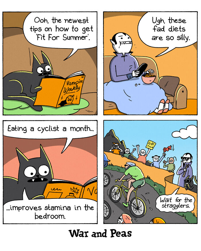 War and Peas comic strip with dark and absurd humor about fad diets and cyclist stamina for bedroom.