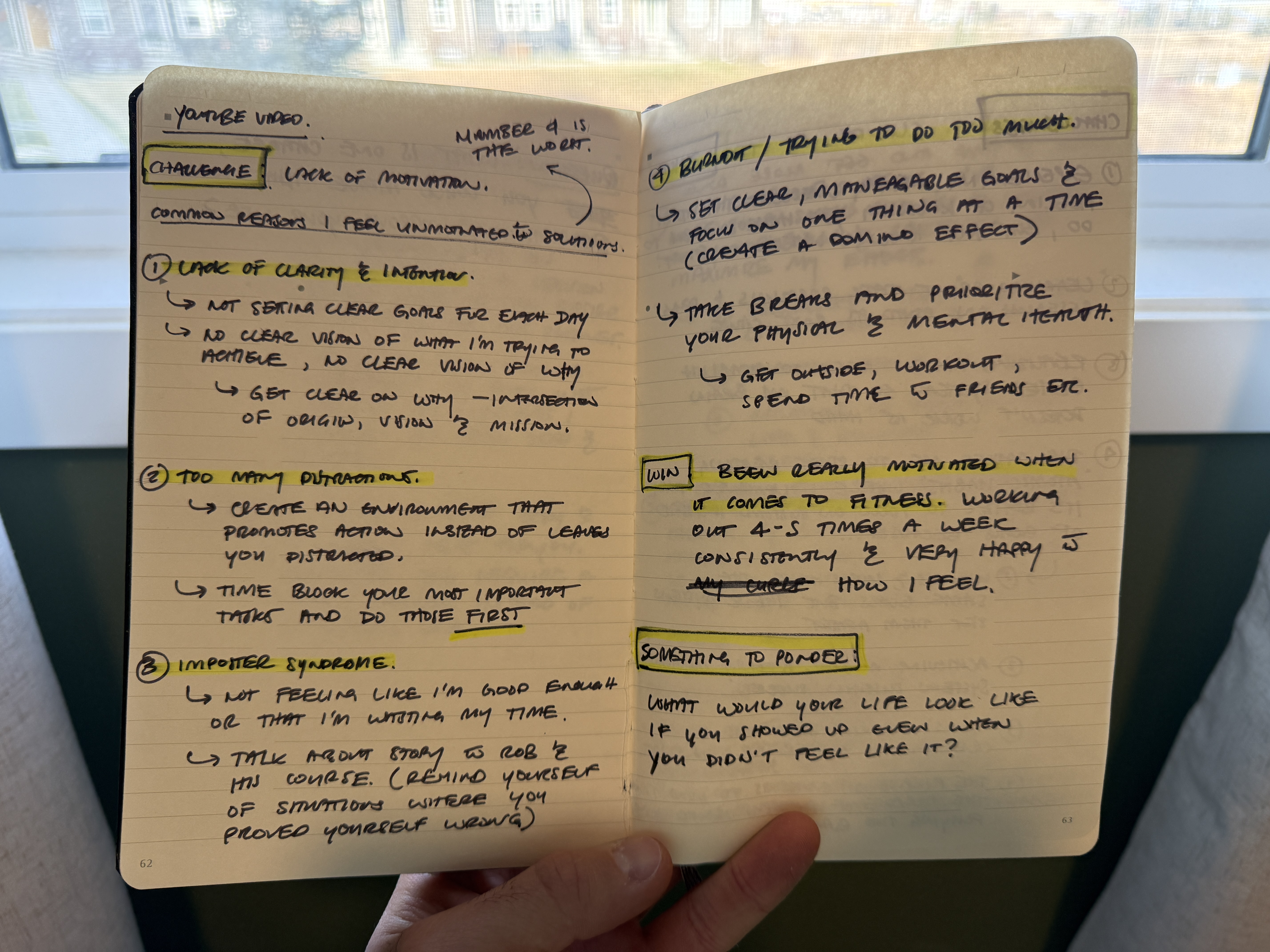 Handwritten journal notes highlighting challenges and solutions for motivation and finding clarity in purpose. Handwritten journal notes highlighting challenges and solutions for motivation and finding clarity in purpose.