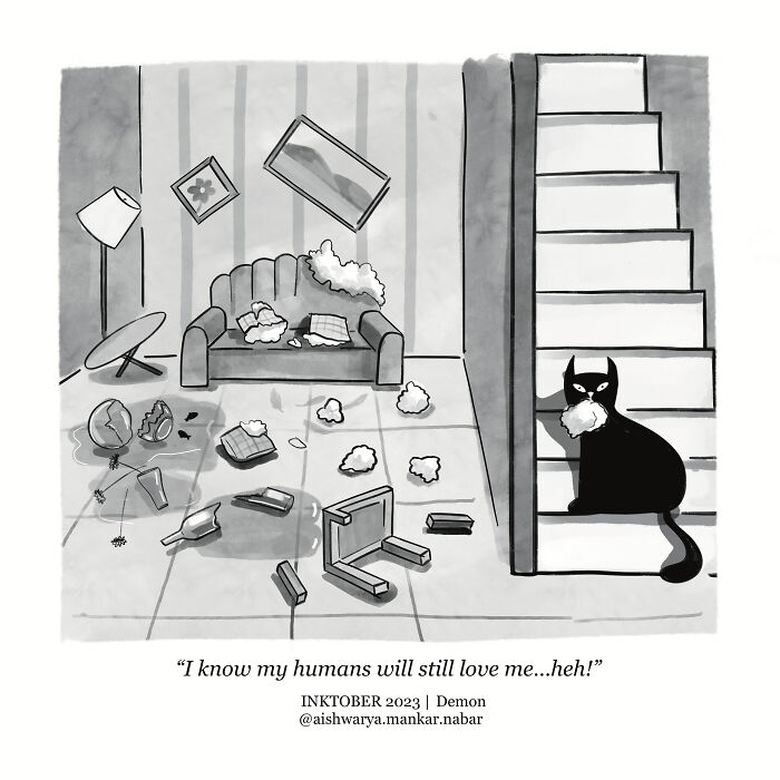 Black cat sitting on stairs with a torn cushion in its mouth among the mess in a living room animal comic illustration.