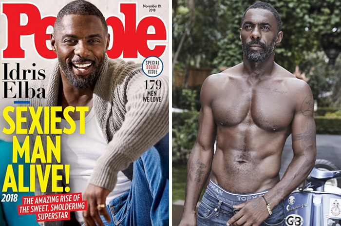 Idris Elba featured as one of People’s sexiest man alive winners, showcasing charm and fitness in casual and shirtless looks.
