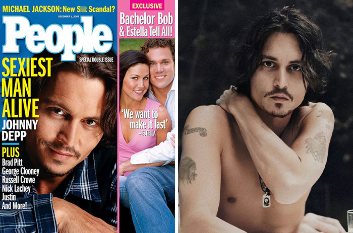 Johnny Depp featured on People magazine cover as one of the sexiest man alive winners in a casual blue plaid shirt.