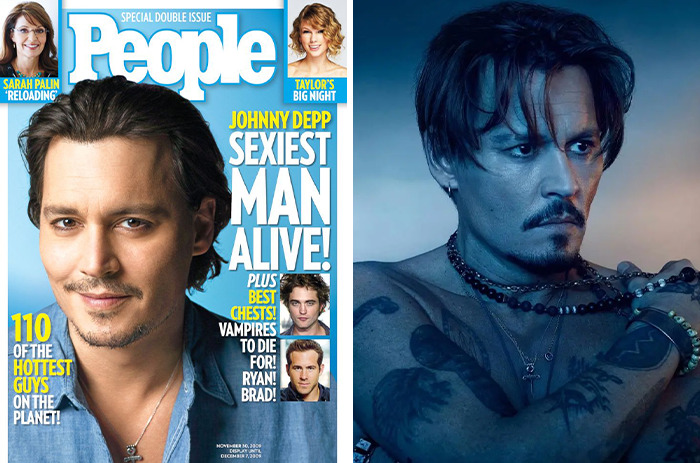 Johnny Depp featured as one of People’s Sexiest Man Alive winners with photos showing diverse looks and style.