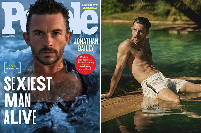 Jonathan Bailey featured as a Sexiest Man Alive winner, showcasing charisma and style in water and poolside settings.