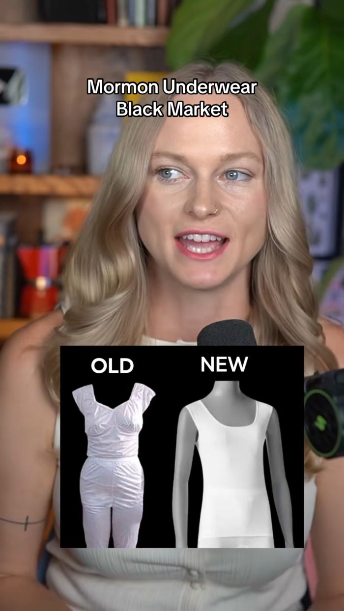 Woman discussing Mormon underwear black market with images comparing old and new more revealing sacred underwear designs.