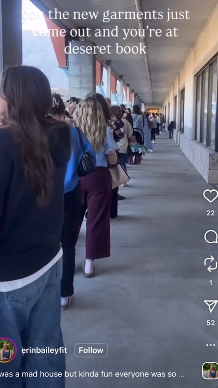 Women lining up outside a store to buy the more revealing version of Mormon sacred underwear.