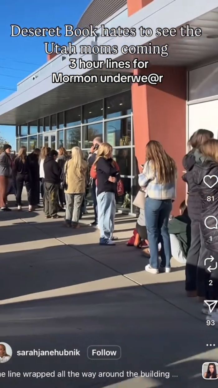 Mormon women lined up outside store excited for more revealing version of sacred underwear on a sunny day. Mormon women lined up outside store excited for more revealing version of sacred underwear on a sunny day.