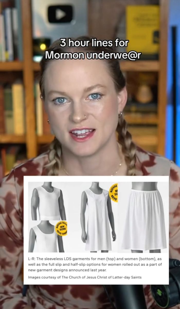 Woman with braided hair discussing Mormon underwear styles with images of LDS revealing garments for women and men.