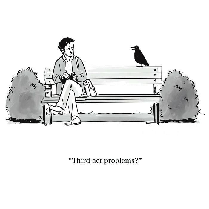 One-panel cartoon of a man on a bench talking to a bird, illustrating witty humor and a funnier angle on life.