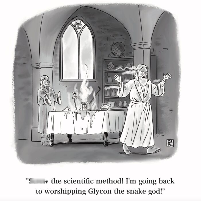 Medieval cartoon showing a scientist frustrated with an experiment, highlighting witty one-panel cartoons humor in history.