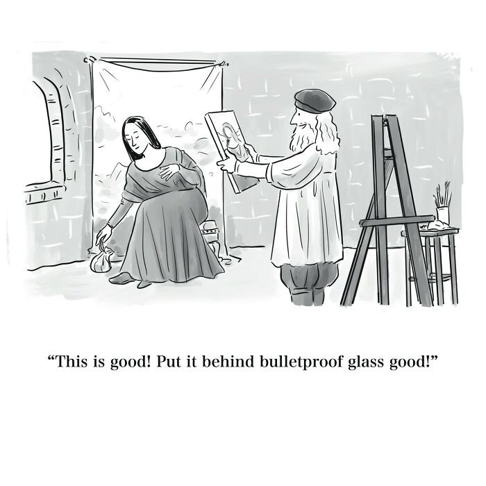One-panel cartoon of artist praising a portrait, humorously suggesting it be placed behind bulletproof glass.