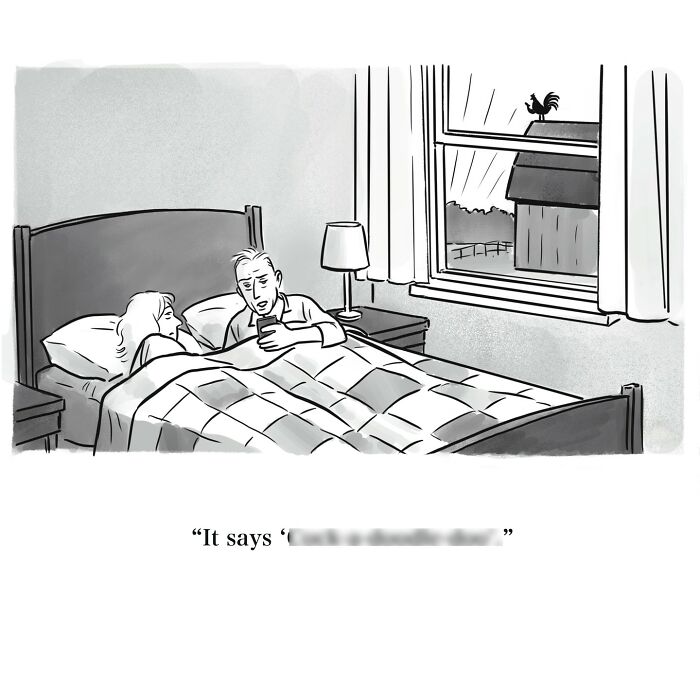 Couple in bed with a man looking at his phone, a rooster outside the window in a witty one-panel cartoon style.