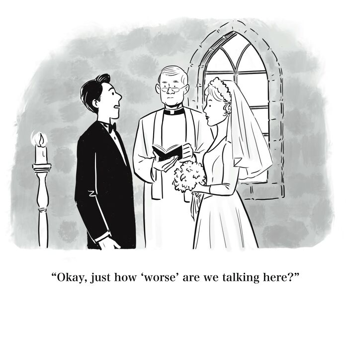 Black and white one-panel cartoon showing a bride, groom, and priest at a wedding with witty humorous dialogue.