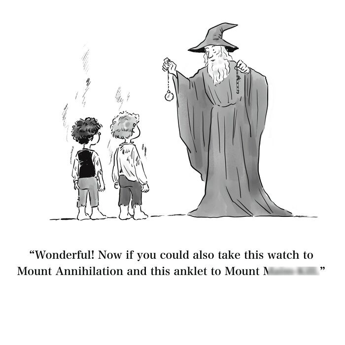 Cartoon wizard giving two boys magical items, a watch and an anklet, in a witty one-panel cartoon scene.