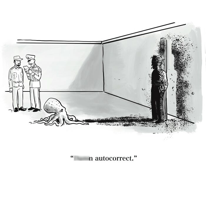 One-panel cartoon showing police officers and an octopus with a prisoner fading into the wall, highlighting witty humor.
