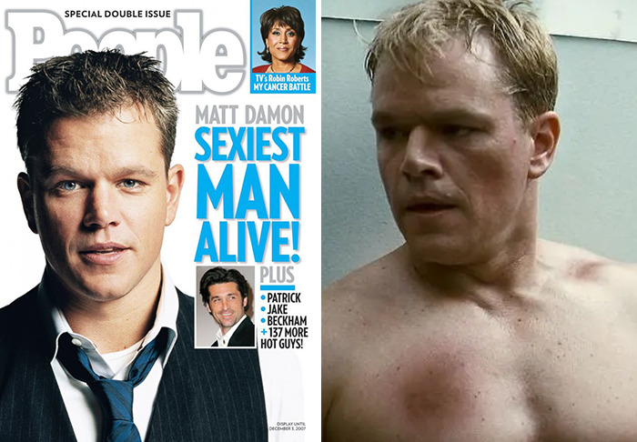 Matt Damon featured as Sexiest Man Alive on People magazine cover alongside a shirtless man, representing past winners and contenders.