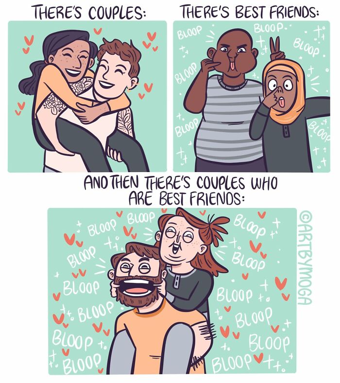 Comic illustration showing couples and best friends with playful expressions, highlighting relationships and everyday chaos.