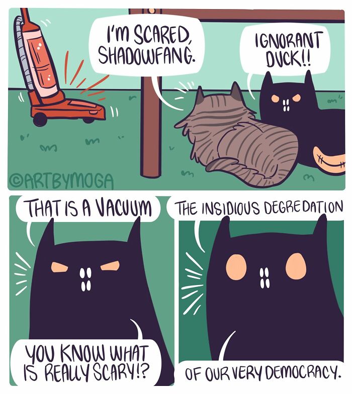 Two cats humorously discuss a vacuum cleaner, blending pets, relationships, and everyday chaos in a comic style.