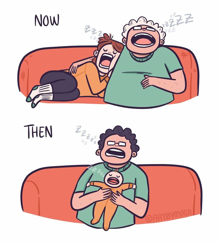 Two-panel comic showing a couple sleeping on a couch now and a man struggling to hold a baby then, humorous pet relationship chaos.