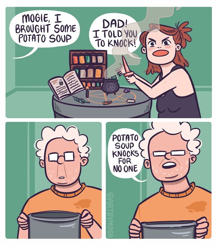 Comic panels showing a humorous interaction involving potato soup, featuring characters in a chaotic everyday situation with pets.